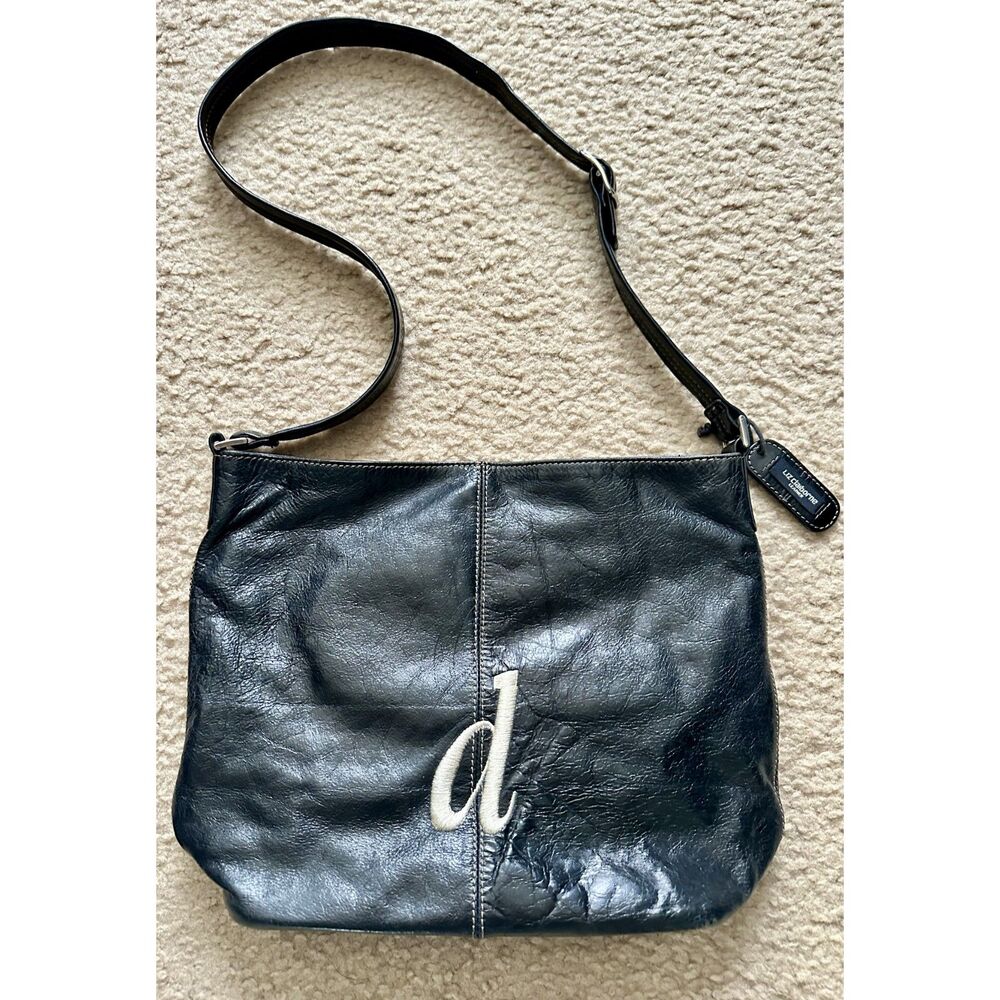 Liz Claiborne Black Leather Shoulder Bag Purse Monogram D Logo Adjustable Strap